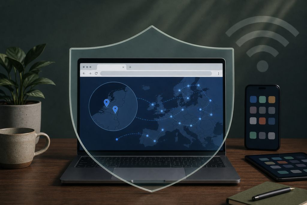 Browservenster met privacy-schild dat alleen Firefox-verkeer beschermt, met apps buiten de bescherming