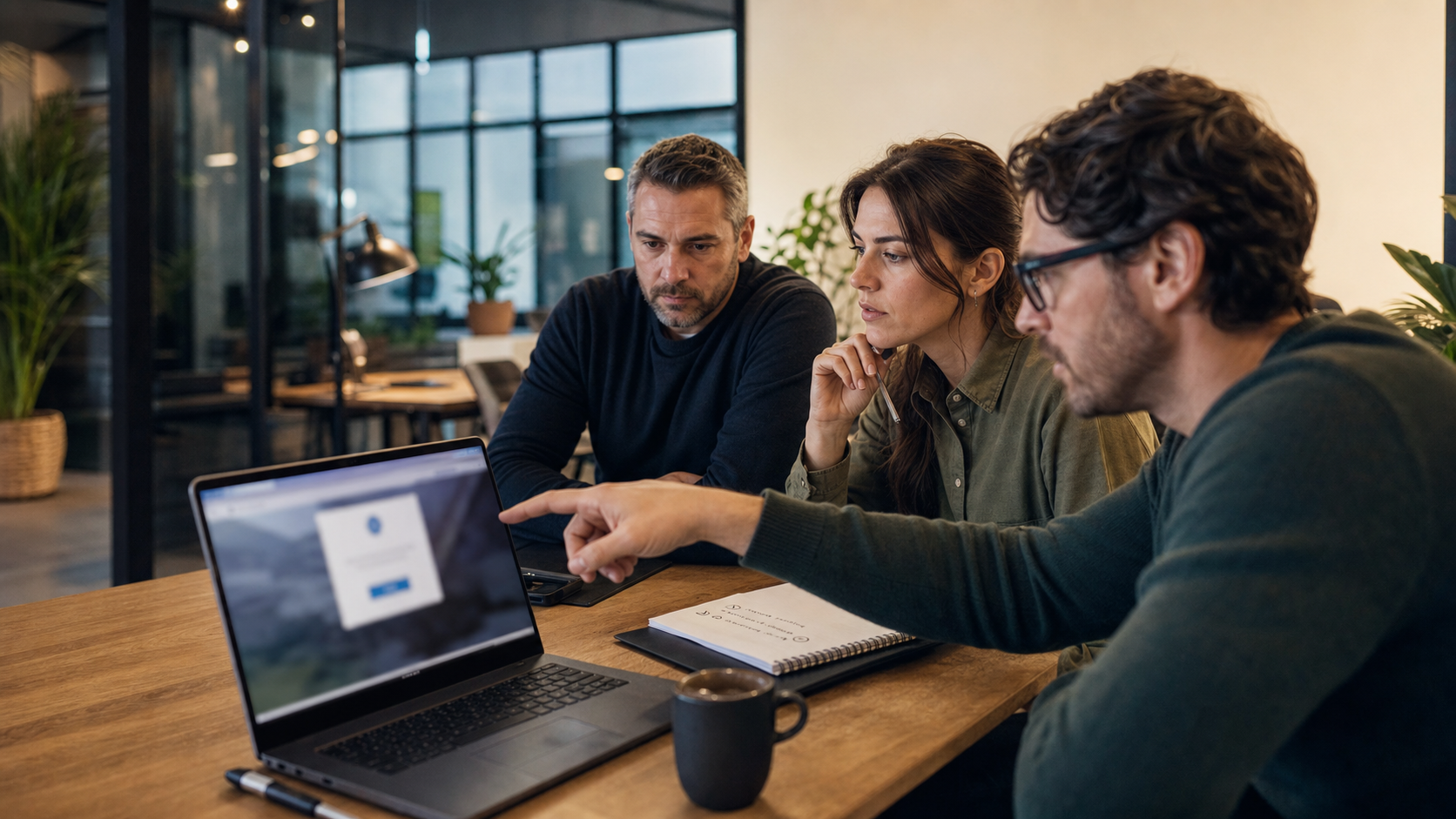 Een IT-team bekijkt een verdachte browserupdate op een laptop in een rustige kantooromgeving